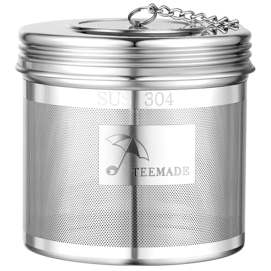 TEEMADE Extra Large Tea Infuser -304 Stainless Steel with Threaded Lid & Chain Hook-Perfect for Loose Leaf Tea,Cooking,Herbs,Iced Tea & Soup - Extra Fine Mesh Tea Strainers