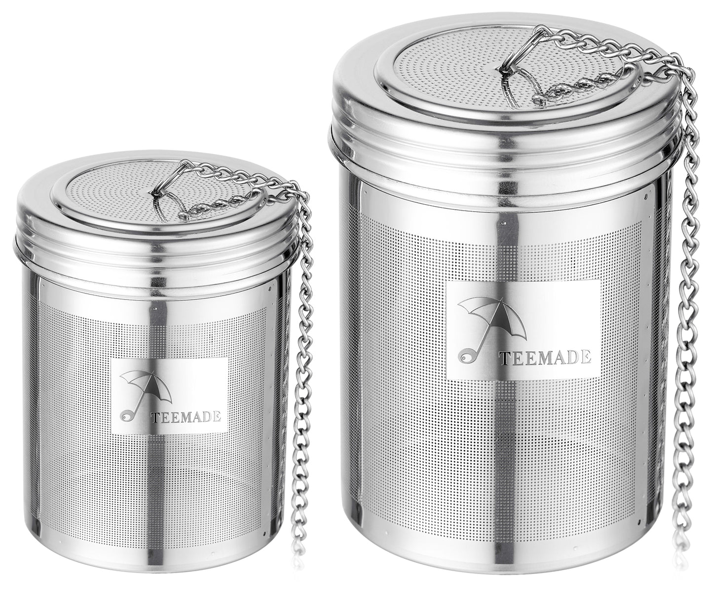 TEEMADE 2 Pack Tea Infuser,Extra Fine Mesh Holes Tea Ball Strainers with Threaded Connection,304 Stainless Steel Cooking Filters,Easier to Brew Loose Leaf Tea, Spices,Seasonings,Soup Etc (1M + 1L)