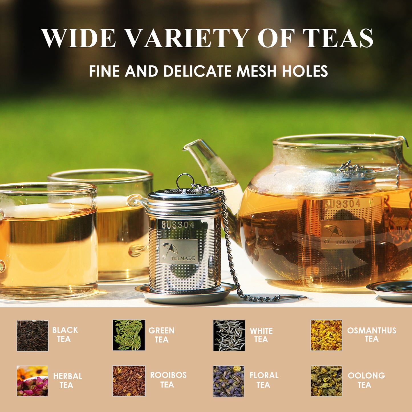 TEEMADE 2Packs Tea Filter,Cooking Infuser with Extra Fine Mesh Tea Ball Strainers Threaded Connection 304 Stainless Steel with Extended Chain Hook to Brew Loose Leaf Tea,Spices & Seasonings